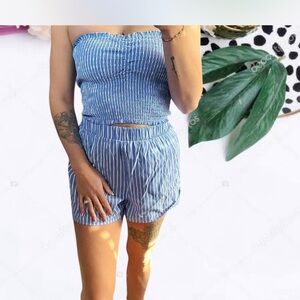 No Boundaries Strapless Blue and White Jumpsuit